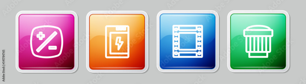 Set line Exposure compensation, Battery for camera, Camera roll cartridge and photo lens. Colorful square button. Vector Set line Exposure compensation, Battery for camera, Camera roll cartridge and photo lens. Colorful square button. Vector