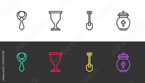 Set line Tie, Christian chalice, Shovel and Funeral urn on black and white. Vector