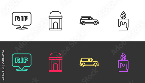 Set line Speech bubble rip death, Old crypt, Hearse car and Burning candle on black and white. Vector