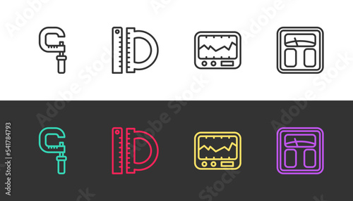 Set line Micrometer, Protractor and ruler, Measuring instrument and Bathroom scales on black and white. Vector