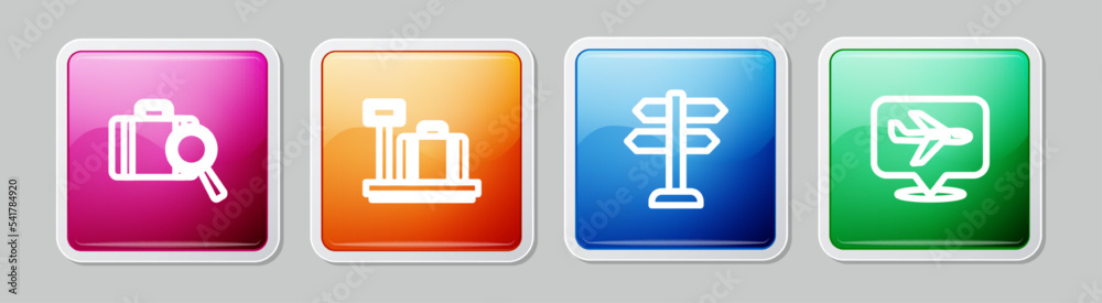 Set line Lost baggage, Scale with suitcase, Road traffic sign and Plane. Colorful square button. Vector Set line Lost baggage, Scale with suitcase, Road traffic sign and Plane. Colorful square button. Vector