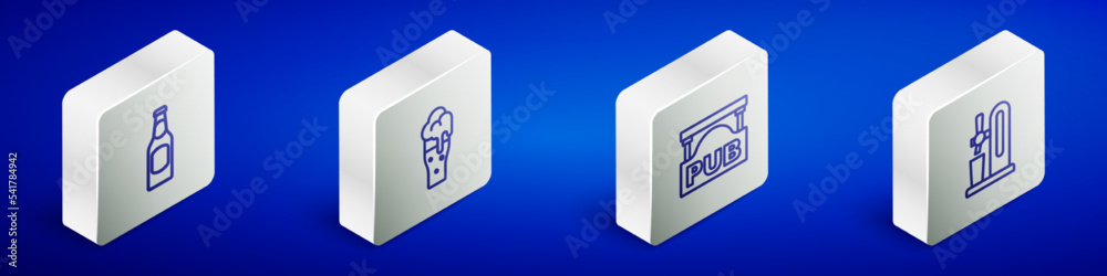 Set Isometric line Beer bottle, Glass of beer, Street signboard with Pub and tap glass icon. Vector Set Isometric line Beer bottle, Glass of beer, Street signboard with Pub and tap glass icon. Vector