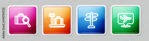 Set line Lost baggage, Scale with suitcase, Road traffic sign and Plane. Colorful square button. Vector