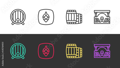 Set line Wooden barrel, Hop, and Street signboard with Bar on black and white. Vector