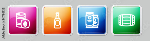 Set line Metal beer keg, Beer bottle, can and Wooden barrel. Colorful square button. Vector