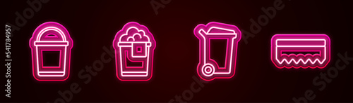 Set line Bucket, with foam, Trash can and Sponge. Glowing neon icon. Vector