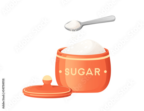 Natural white granulated sugar in red jar with spoon vector illustration isolated on white background