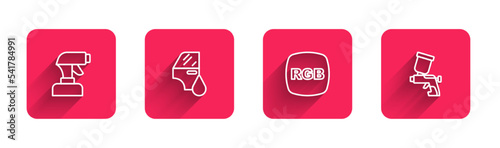Set line Paint spray gun, Car painting, RGB and with long shadow. Red square button. Vector