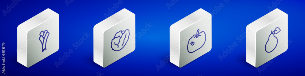 Set Isometric line Leek, Cabbage, Pumpkin and Pear icon. Vector Set Isometric line Leek, Cabbage, Pumpkin and Pear icon. Vector