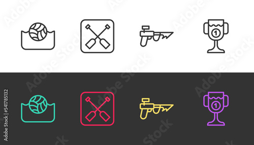 Set line Water polo, Paddle, Fishing harpoon and Award cup on black and white. Vector
