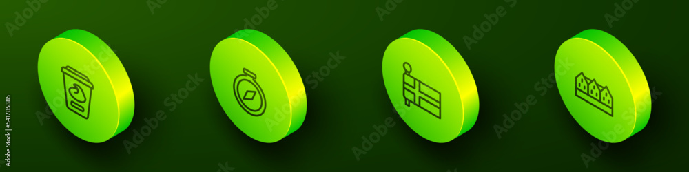 Set Isometric line Yogurt container, Compass, Flag of Iceland and Norwegian wooden house icon. Vector Set Isometric line Yogurt container, Compass, Flag of Iceland and Norwegian wooden house icon. Vector