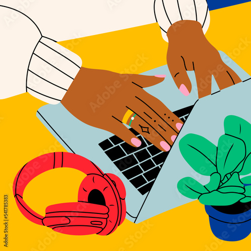 Female hands working on laptop. Headphones and plant on working desk. Top view from side. Working, chatting, study, communication, work from home concept. Hand drawn modern Vector illustration