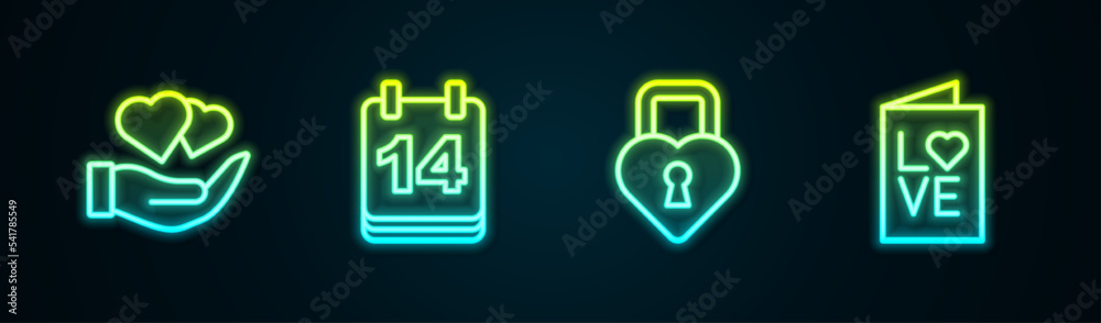 Set line Heart in hand, Calendar with February 14, Castle the shape of heart and Valentines day party flyer. Glowing neon icon. Vector Set line Heart in hand, Calendar with February 14, Castle the shape of heart and Valentines day party flyer. Glowing neon icon. Vector