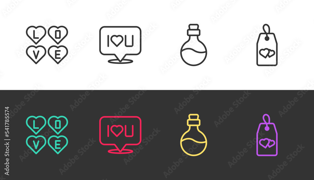 Set line Love text, Speech bubble I love you, Bottle with potion and Please do not disturb heart on black and white. Vector Set line Love text, Speech bubble I love you, Bottle with potion and Please do not disturb heart on black and white. Vector