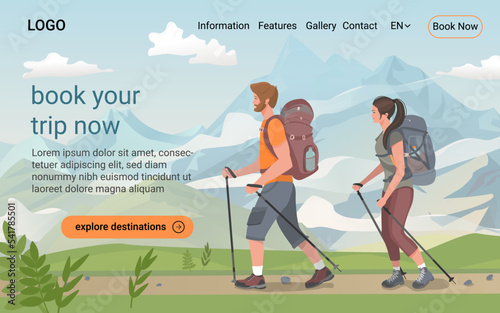 Weekend adventure and hiking concept. Website landing page. Couple of young tourists with backpacks. 