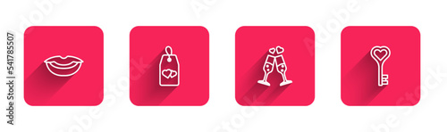 Set line Smiling lips, Please do not disturb with heart, Glass of champagne and Key shape with long shadow. Red square button. Vector
