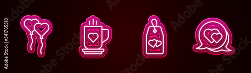 Set line Balloons in form of heart, Coffee cup and, Please do not disturb with and Heart speech bubble. Glowing neon icon. Vector