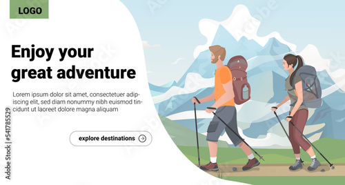 Family adventure outdoor hiking. Couple of young tourists with backpacks. Vector template with place for text. Website landing page.