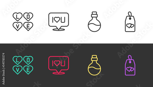 Set line Love text, Speech bubble I love you, Bottle with potion and Please do not disturb heart on black and white. Vector