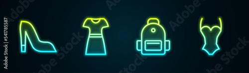 Set line Woman shoe, dress, School backpack and Swimsuit. Glowing neon icon. Vector