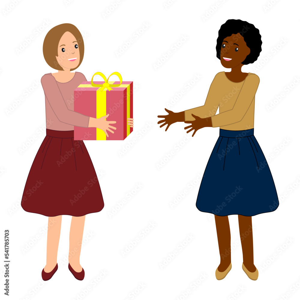 A young white girl gives a gift to black girl, vector illustration A young white girl gives a gift to black girl, vector illustration