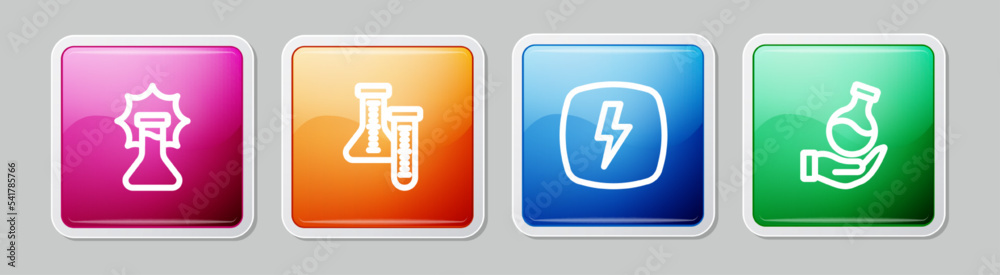 Set line Explosion in the flask, Test tube, Lightning bolt and . Colorful square button. Vector Set line Explosion in the flask, Test tube, Lightning bolt and . Colorful square button. Vector