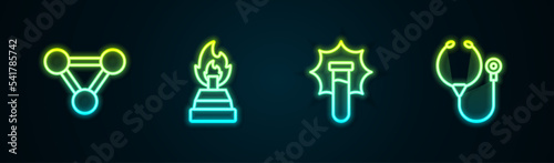 Set line Molecule, Alcohol or spirit burner, Explosion in the flask and Stethoscope. Glowing neon icon. Vector