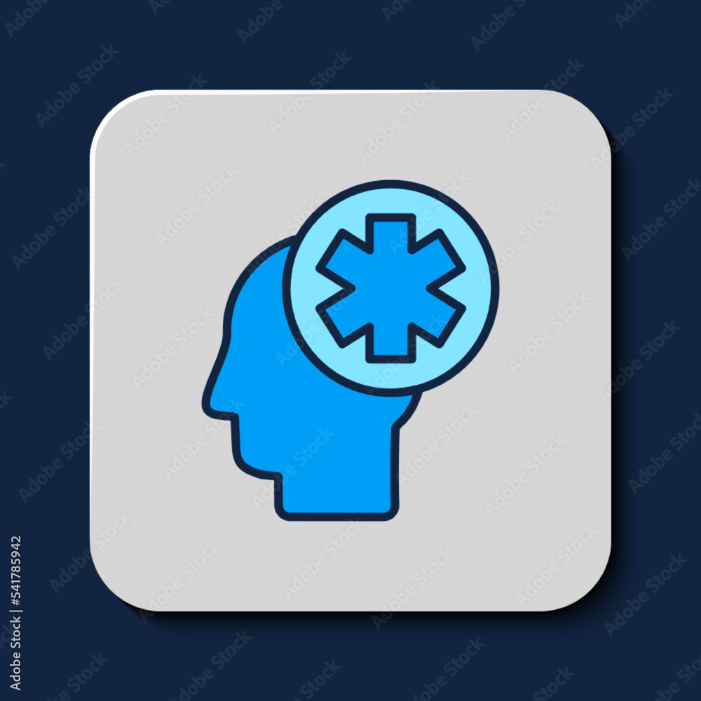 Filled outline Male head with hospital icon isolated on blue background. Head with mental health, healthcare and medical sign. Vector Filled outline Male head with hospital icon isolated on blue background. Head with mental health, healthcare and medical sign. Vector