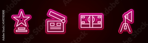 Set line Movie trophy, clapper, Stacks paper money cash and spotlight. Glowing neon icon. Vector