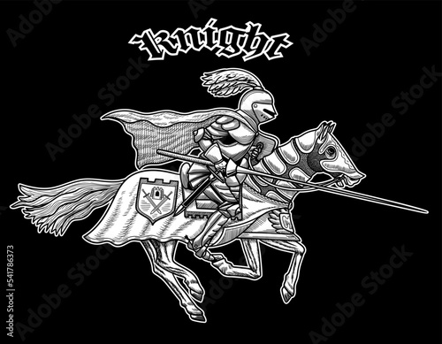 A knight on a horse. Black and white image.