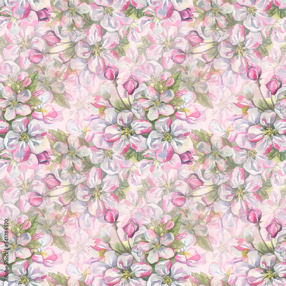 Watercolor illustration is a seamless pattern of flowering fruit trees and garden tools. A fresh and beautiful floral set for springtime. For design, textiles and wallpaper. Watercolor illustration is a seamless pattern of flowering fruit trees and garden tools. A fresh and beautiful floral set for springtime. For design, textiles and wallpaper.