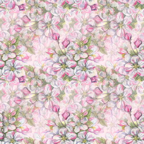 Watercolor illustration is a seamless pattern of flowering fruit trees and garden tools. A fresh and beautiful floral set for springtime. For design, textiles and wallpaper.