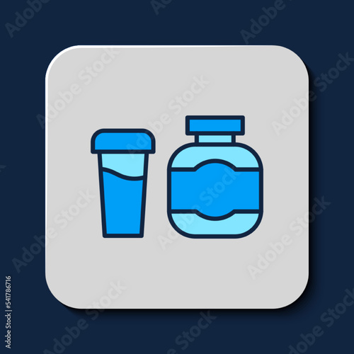 Filled outline Sports nutrition bodybuilding proteine power drink and food icon isolated on blue background. Vector