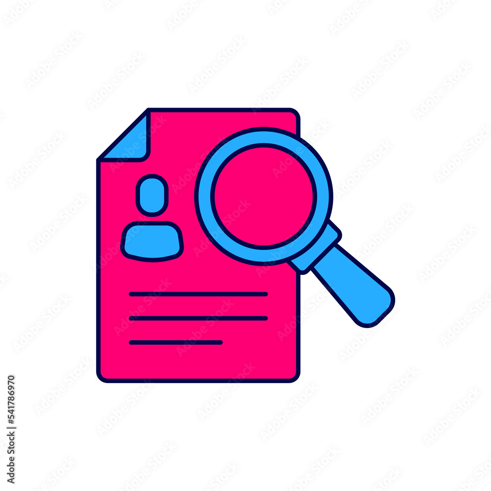 Filled outline Document, paper analysis magnifying glass icon isolated on white background. Evidence symbol. Vector