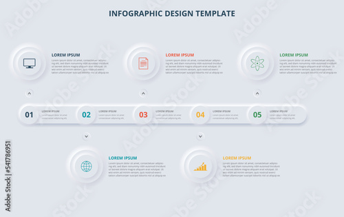 Neuromorphic five steps business process chart infographics template vector 
