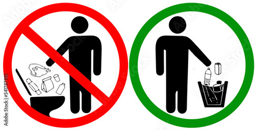 Do not litter in toilet icon use wastebasket instead. Keep clean sign. No to throw garbage into toilet in prohibition warning caution red circle isolated on white background.