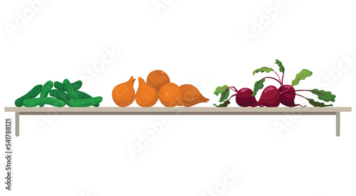 Shelf with vegetables. Assorted fresh vegetables. Farmers marker, grocery store, zero waste shop. Local market food, fresh and organic farm products. Delicious and healthy food on wooden shelf