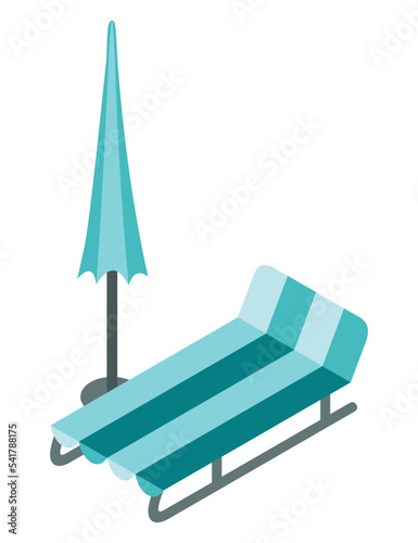 Isometric outdoor water pool design element. Creative chaise lounges and parasol umbrella. Summer vacation concept vector illustration. Aqua park symbol