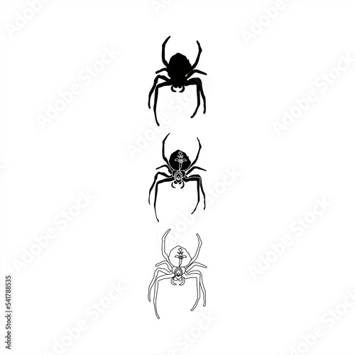 set of silhouette illustrations and monochrome line art of spiders