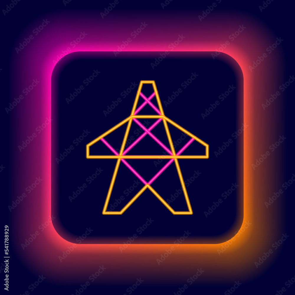Glowing neon line Electric tower used to support an overhead power line icon isolated on black background. High voltage power pole line. Colorful outline concept. Vector Glowing neon line Electric tower used to support an overhead power line icon isolated on black background. High voltage power pole line. Colorful outline concept. Vector