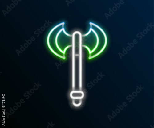 Glowing neon line Medieval axe icon isolated on black background. Battle axe, executioner axe. Medieval weapon. Colorful outline concept. Vector