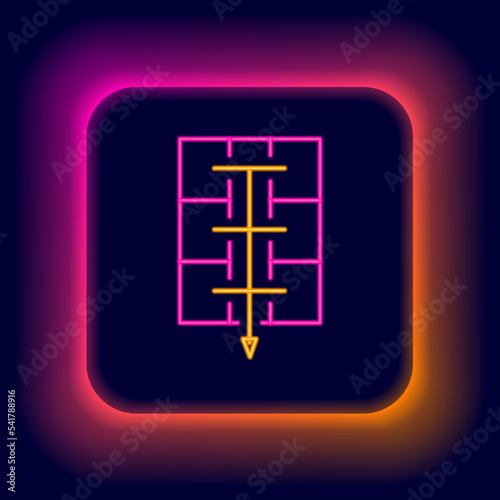 Glowing neon line Evacuation plan icon isolated on black background. Fire escape plan. Colorful outline concept. Vector