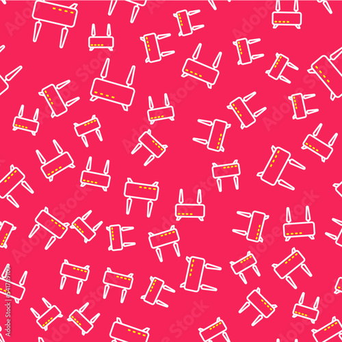 Line Router and wi-fi signal icon isolated seamless pattern on red background. Wireless ethernet modem router. Computer technology internet. Vector
