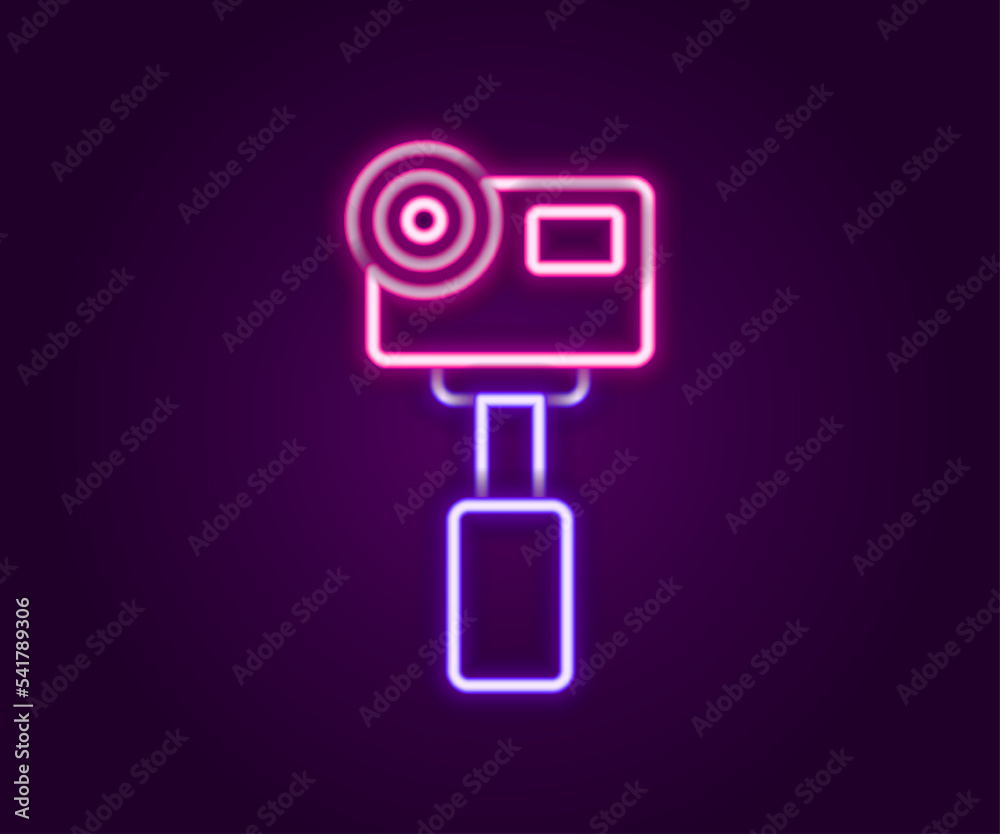 Glowing neon line Action extreme camera icon isolated on black background. Video camera equipment for filming extreme sports. Colorful outline concept. Vector Glowing neon line Action extreme camera icon isolated on black background. Video camera equipment for filming extreme sports. Colorful outline concept. Vector