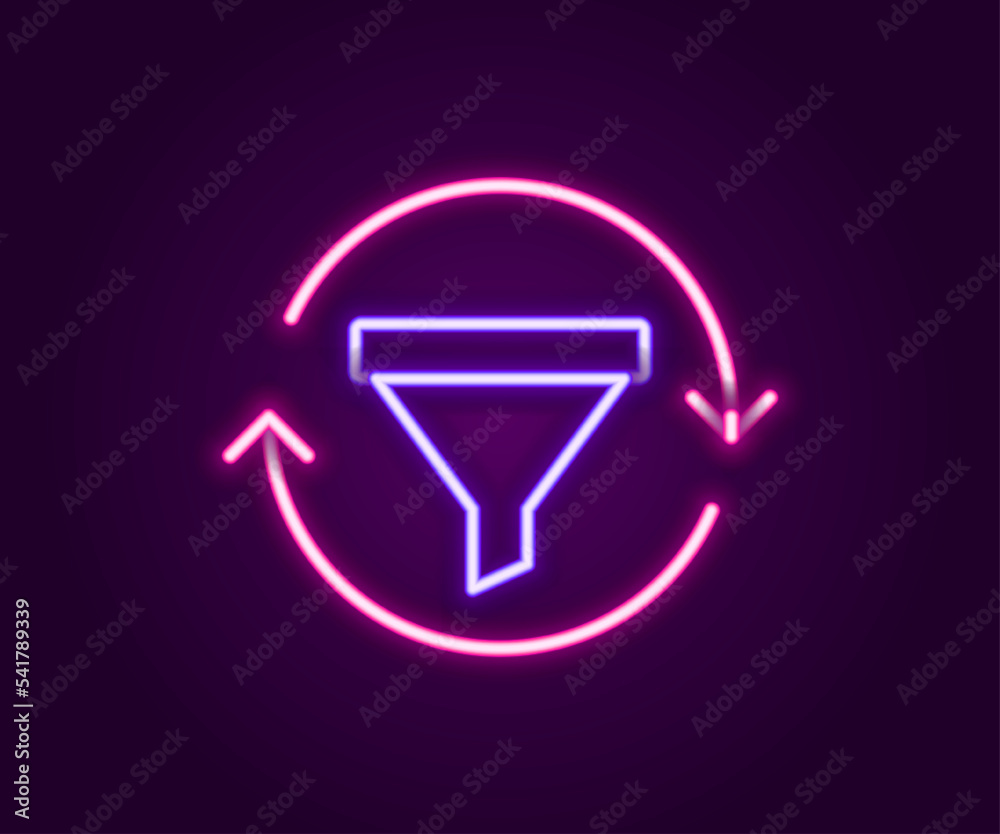 Glowing neon line Sales funnel with chart for marketing and startup business icon isolated on black background. Infographic template. Colorful outline concept. Vector Glowing neon line Sales funnel with chart for marketing and startup business icon isolated on black background. Infographic template. Colorful outline concept. Vector