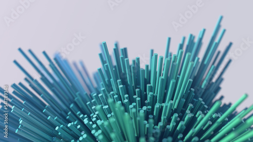 Group of green and blue cylinders. Gray background, close-up. Abstract illustration, 3d render.