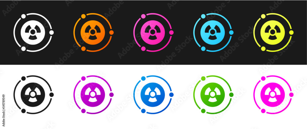 Set Radioactive icon isolated on black and white background. Radioactive toxic symbol. Radiation hazard sign. Vector