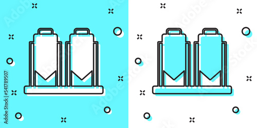 Black line Traditional brewing vessels in brewery icon isolated on green and white background. Beer brewing process. Distillery plant, brewery. Random dynamic shapes. Vector