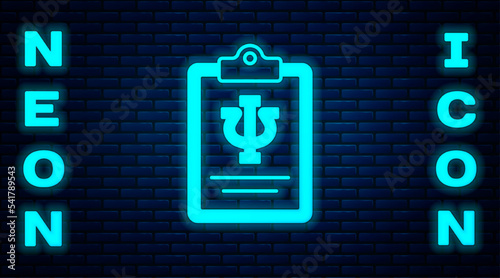 Glowing neon Psychology icon isolated on brick wall background. Psi symbol. Mental health concept, psychoanalysis analysis and psychotherapy. Vector
