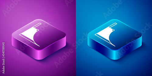 Isometric Skate park icon isolated on blue and purple background. Set of ramp, roller, stairs for a skatepark. Extreme sport. Square button. Vector